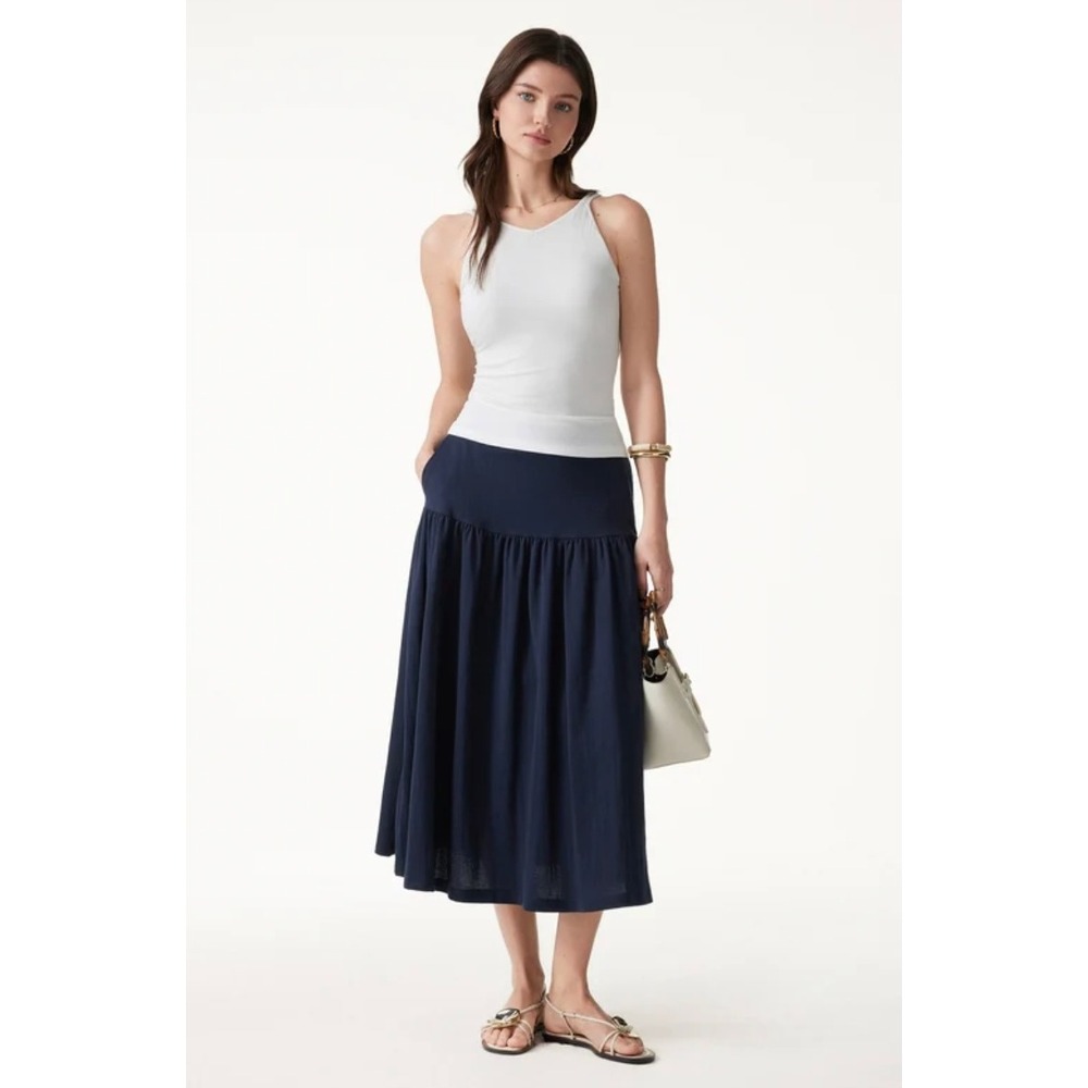 OGL Cotton-Linen Gathered Midi Skirt with Pockets Navy Blue XL NEW